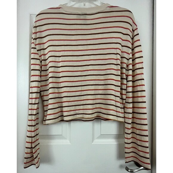 VOLCOM - Beige Multi Stripe Long Sleeve Loose Fit Cropped Viscose Sweater sz 10 - Picture 6 of 7